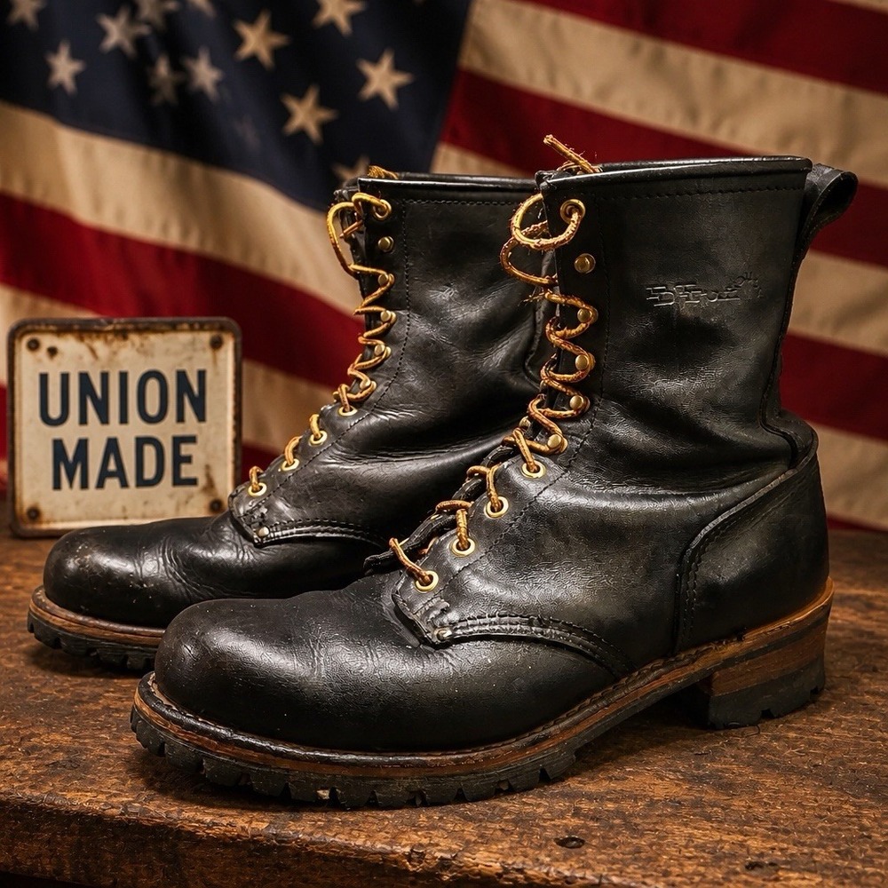 Vintage PD TUFF Men's Black Leather Steel Toe Logger Boots USA Union Made 10.5